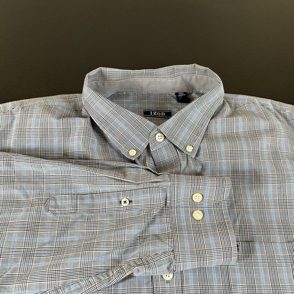 Izod Shirt Mens XXL 2XL Black White Blue Plaid Preppy Work Button Up Long Sleeve
